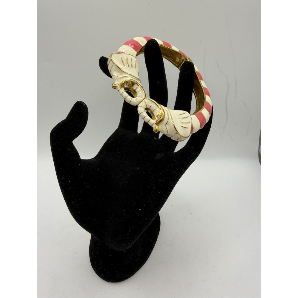 Fornash Red White Enamel Elephant Hinged Bangle Bracelet Crystal Eyes Gold Tone